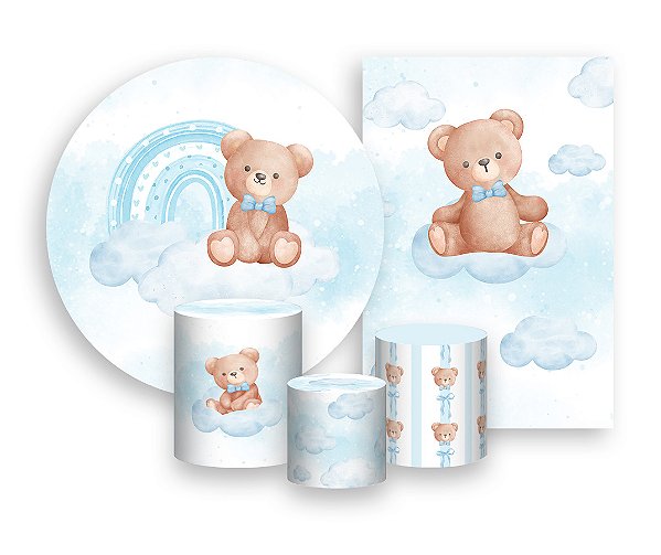 Kit 2 Painéis De Festa + Trio De Capas Cilindro - Ursinho com Laço no Arco-Íris Azul 042
