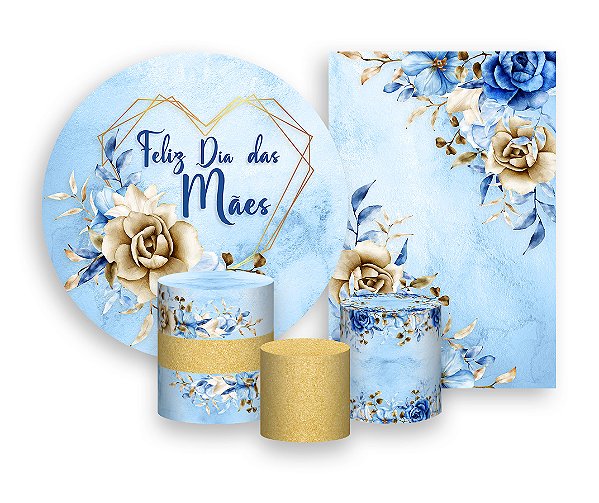 Kit 2 Painéis De Festa + Trio De Capas Cilindro - Dia das Mães Floral Dourado e Azul 025