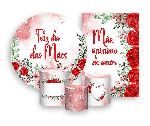Kit 2 Painéis De Festa + Trio De Capas Cilindro - Dia das Mães Rosas Vermelhas 026