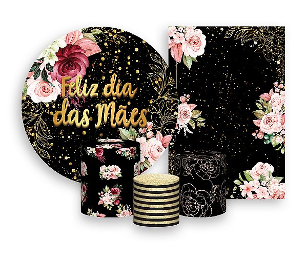 Kit 2 Painéis De Festa + Trio De Capas Cilindro - Flores e Brilhos Dia das Mães 027