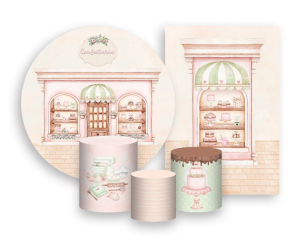 Kit 2 Painéis De Festa + Trio De Capas Cilindro - Confeitaria Rosa e Bege 006