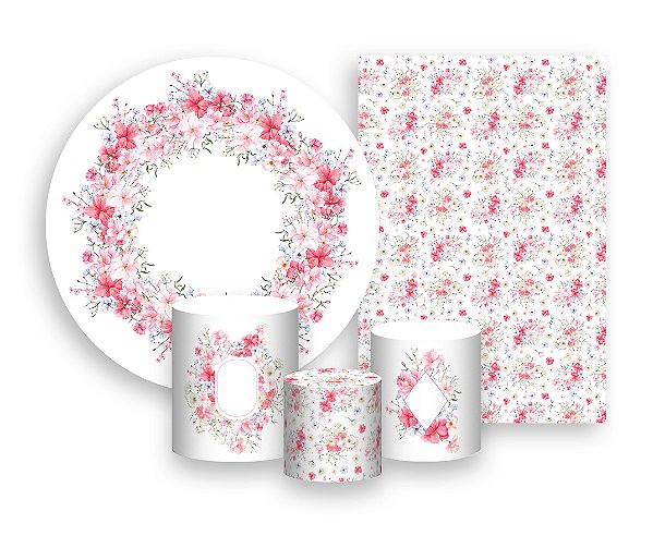 Kit 2 Painéis De Festa + Trio De Capas Cilindro - Floral Rosa Suave com Toque Lilás 050