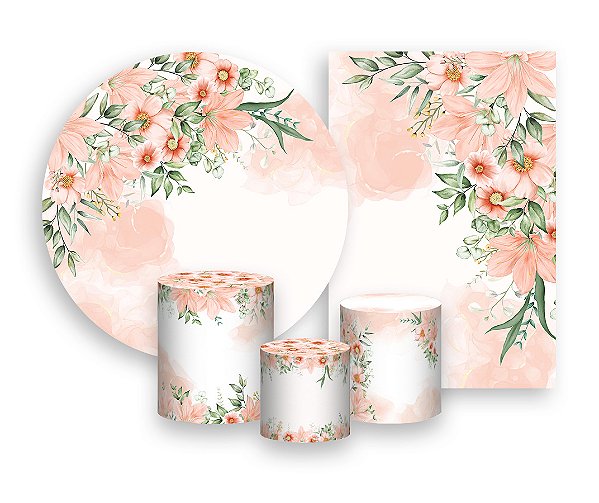 Kit 2 Painéis De Festa + Trio De Capas Cilindro - Floral Tons Salmão 052
