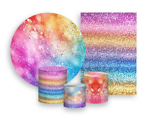 Kit 2 Painéis De Festa + Trio De Capas Cilindro - Efeito Glitter Arco-Íris 044