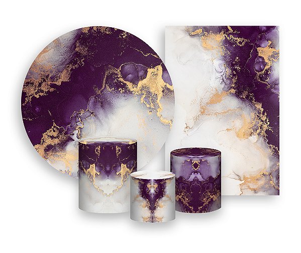Kit 2 Painéis De Festa + Trio De Capas Cilindro - Efeito Mármore Roxo com Dourado 045