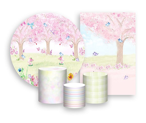 Kit 2 Painéis De Festa + Trio De Capas Cilindro - Jardim Aquarela com Borboletas 029