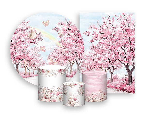 Kit 2 Painéis De Festa + Trio De Capas Cilindro - Jardim de Pássaros e Borboletas Rosa 031