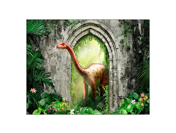 Fundo Fotográfico 1,55 x 1,20 - Dinossauro na Floresta Arco de Pedra 008