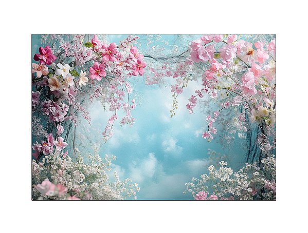 Fundo Fotográfico 2,20 x 1,50 - Céu e Flores Rosa com Branco 205