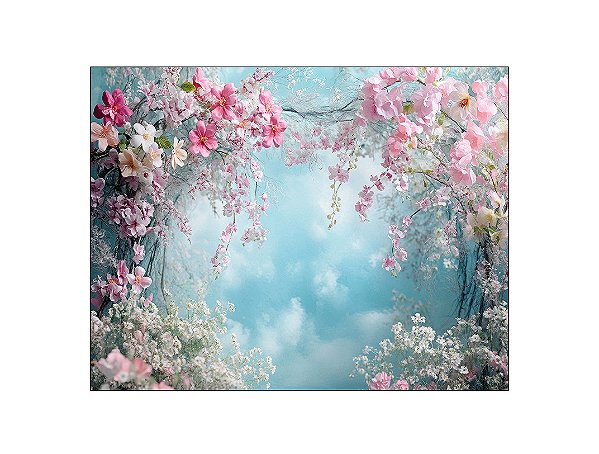 Fundo Fotográfico 1,55 x 1,20 - Céu e Flores Rosa com Branco 199