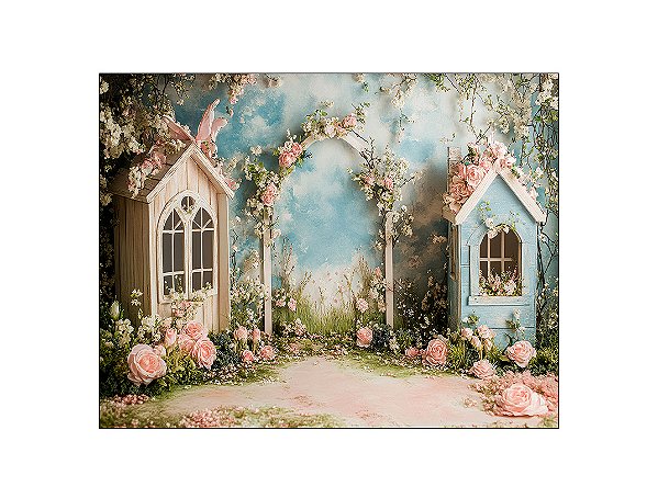 Fundo Fotográfico 1,55 x 1,20 - Casa Bege e Casa Azul com Flores 203