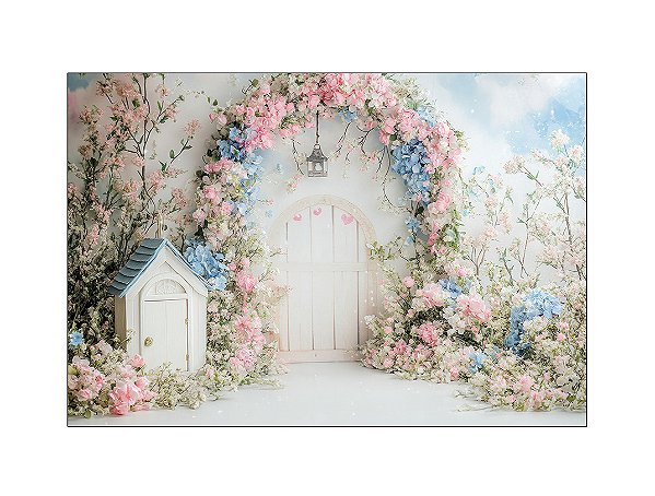 Fundo Fotográfico 2,20 x 1,50 - Arco de Flores Azul e Rosa com Casinha 208