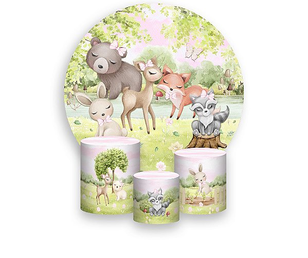 Painel De Festa Redondo 1,50 x 1,50 + Bosque Cute Aquarela Animais 058