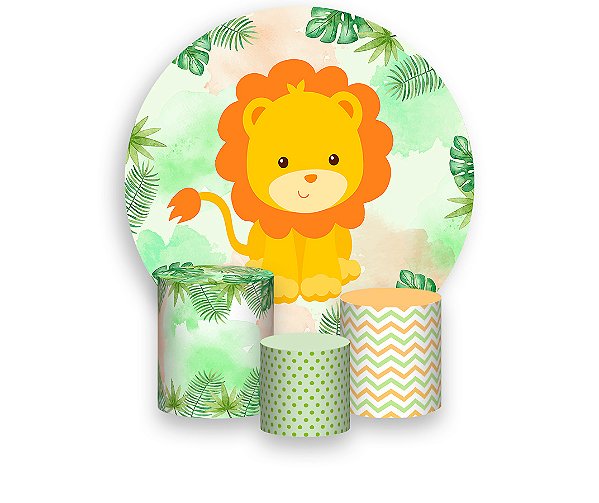 Painel De Festa Redondo 1,50 x 1,50 + Leãozinho Cute Fundo Bege e Verde 061