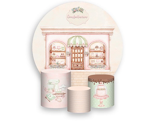 Painel De Festa Redondo 1,50 x 1,50 + Confeitaria Tons Suaves Rosa e Bege 023