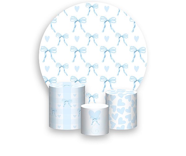Painel De Festa Redondo 1,50 x 1,50 + Laços e Corações Neutros Azul 075