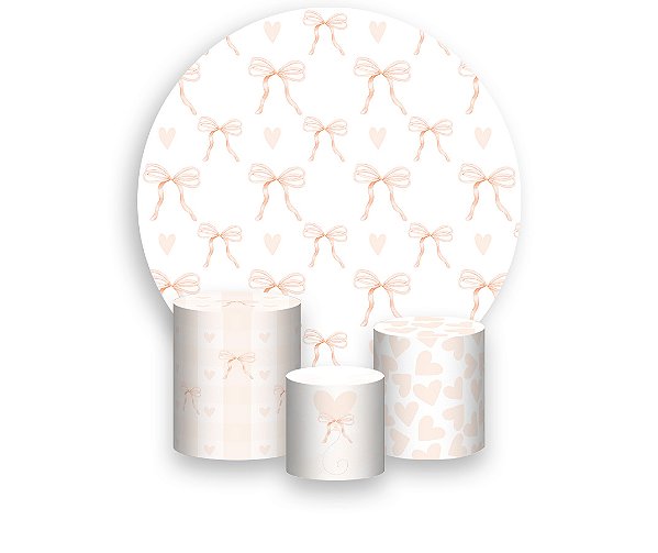Painel De Festa Redondo 1,50 x 1,50 + Laços e Corações Neutros Bege 076