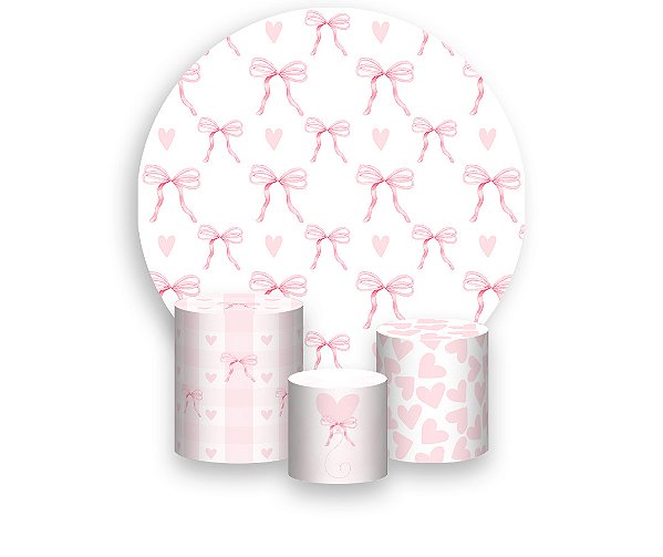Painel De Festa Redondo 1,50 x 1,50 + Laços e Corações Neutros Rosa 077