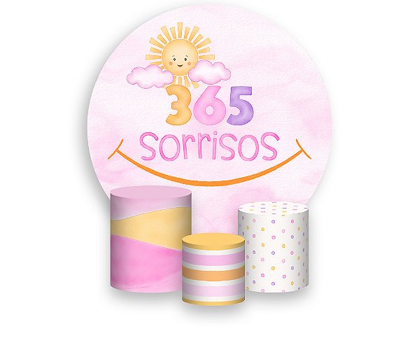 Painel De Festa Redondo 1,50 x 1,50 + 365 Sorrisos Aquarela Amarelo e Rosa 078