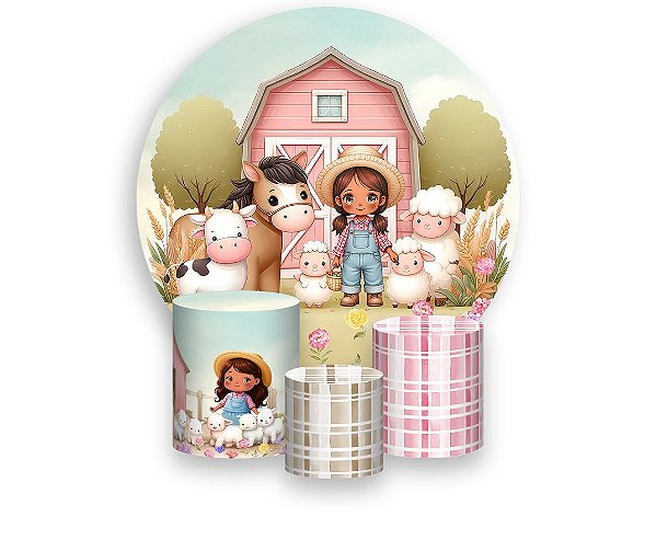 Painel De Festa Redondo 1,50 x 1,50 + Fazendinha Menina Cute Animais Fofos 041