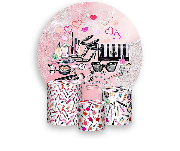 Painel De Festa Redondo 1,50 x 1,50 + Maquiagem e Vaidades Femininas 010