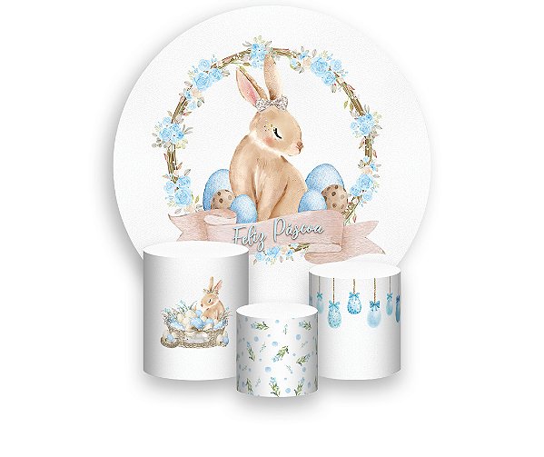 Painel De Festa Redondo 1,50 x 1,50 + Feliz Páscoa Coelho com Ovos 022