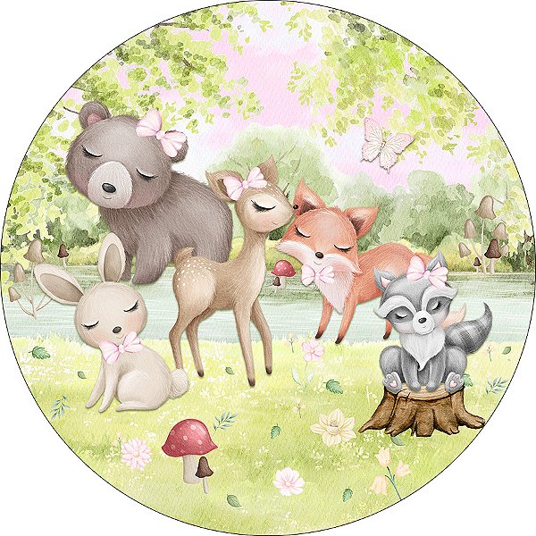 Painel De Festa Redondo 1,50x1,50 - Bosque Cute Aquarela Delicado Menina 074