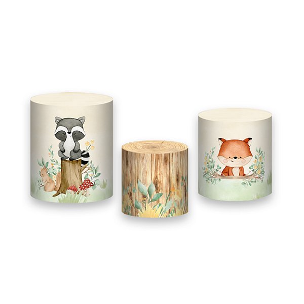 Trio De Capas De Cilindro - Bosque Aquarela Bege e Verde Animais 008
