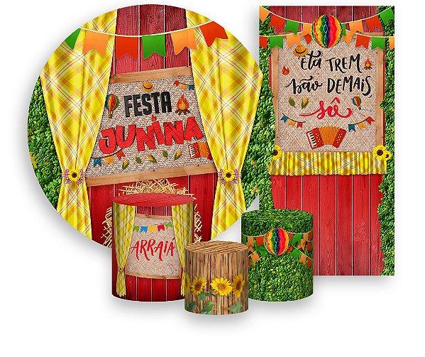 Painel De Festa + Trio De Capas Cilindro + Faixa Veste Fácil - Festa Junina Arraiá Cortina 018