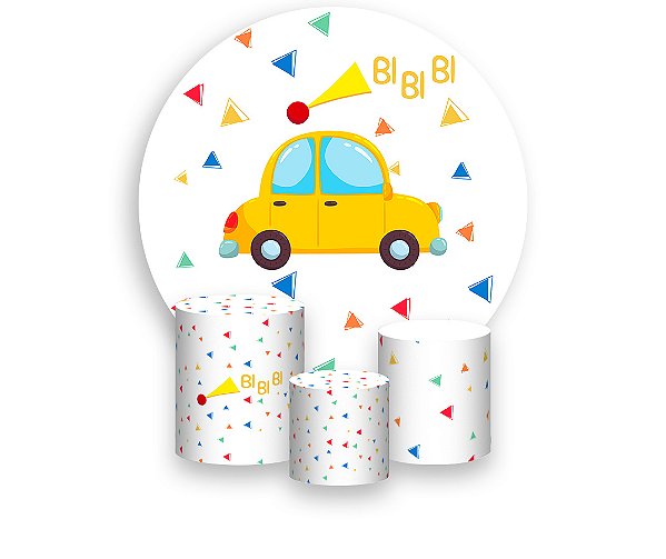 Painel De Festa Redondo 1,50 x 1,50 + Trio De Capas Cilindro - Carrinho Amarelo Clean 020