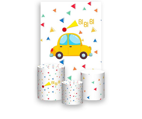 Painel De Festa Vertical 1,50 x 2,20 + Trio De Capas Cilindro - Carrinho Amarelo Clean 021