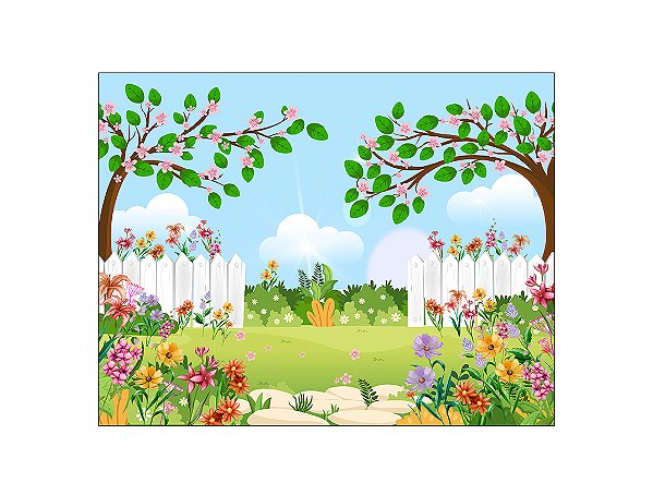 Painel de Festa Horizontal 1,55 X 1,20 - Jardim e Árvores Colorido 008
