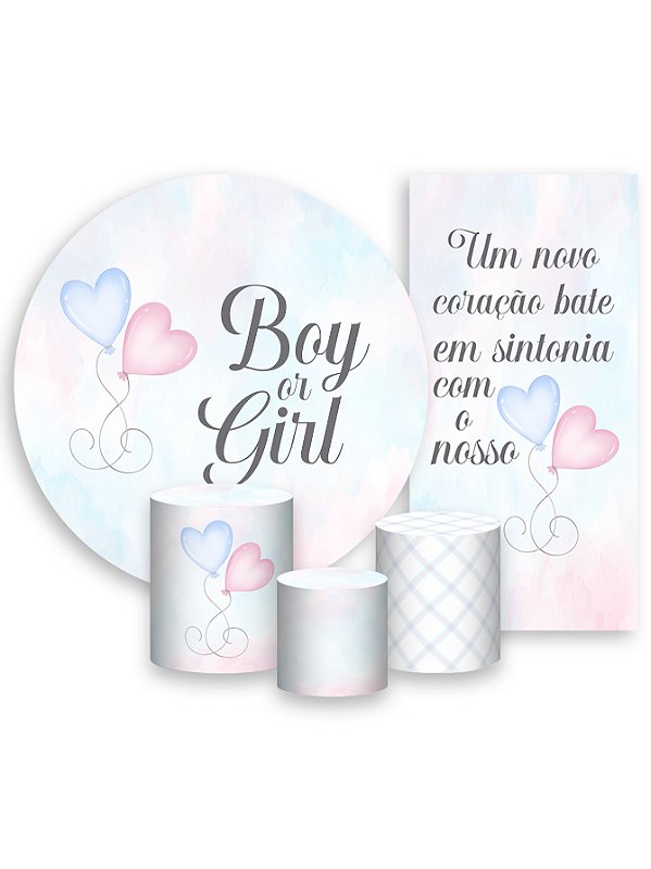 Painel De Festa + Trio De Capas Cilindro + Faixa Veste Fácil - Boy or Girl Balões Azul e Rosa 012