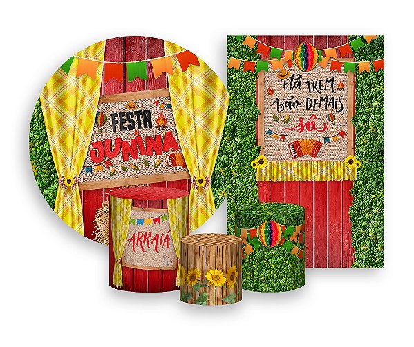 Kit 2 Painéis De Festa + Trio De Capas Cilindro - Festa Junina Arraiá Cortina 017