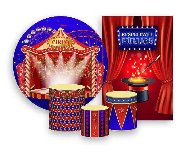 Kit 2 Painéis De Festa + Trio De Capas Cilindro - Circo Palco Iluminado 028