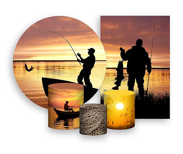 Kit 2 Painéis De Festa + Trio De Capas Cilindro - Pescaria Silhuetas no Por do Sol 003