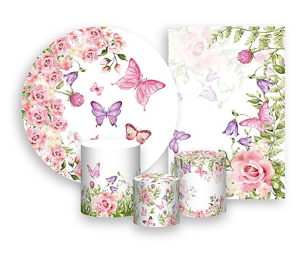 Kit 2 Painéis De Festa + Trio De Capas Cilindro - Meia Lua de Flores e Borboletas 053