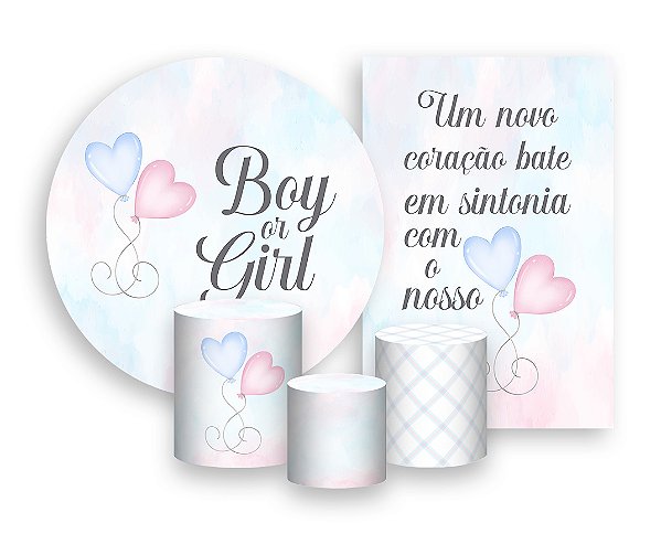 Kit 2 Painéis De Festa + Trio De Capas Cilindro - Boy or Girl Balões de Coração Azul e Rosa 012