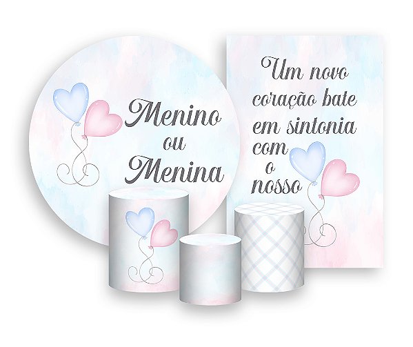 Kit 2 Painéis De Festa + Trio De Capas Cilindro - Menino ou Menina Balões de Coração Azul e Rosa 013