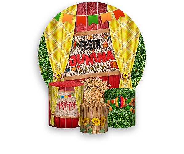 Painel De Festa Redondo 1,50 x 1,50 + Trio De Capas Cilindro - Festa Junina Arraiá Cortina 038