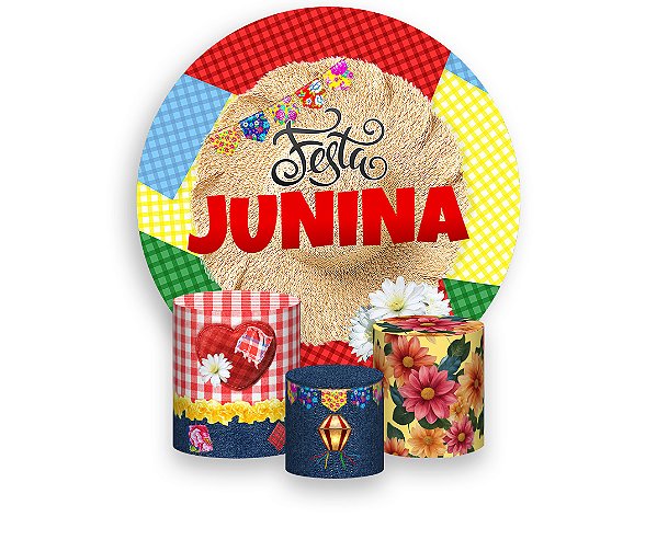 Painel De Festa Redondo 1,50 x 1,50 + Trio De Capas Cilindro - Festa Junina Flor de Mandacaru 039