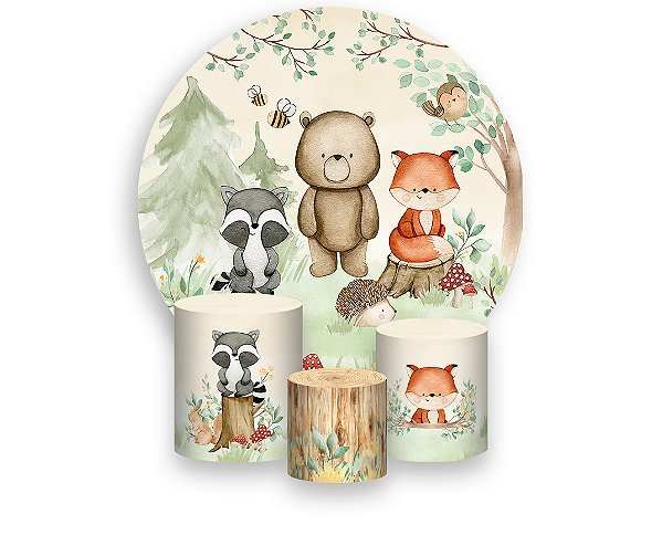Painel De Festa Redondo 1,50 x 1,50 + Trio De Capas Cilindro - Bosque Aquarela Bege e Verde Animais 011