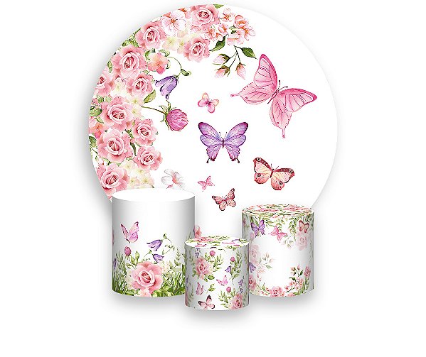 Painel De Festa Redondo 1,50 x 1,50 + Trio De Capas Cilindro - Meia Lua de Flores e Borboletas 091