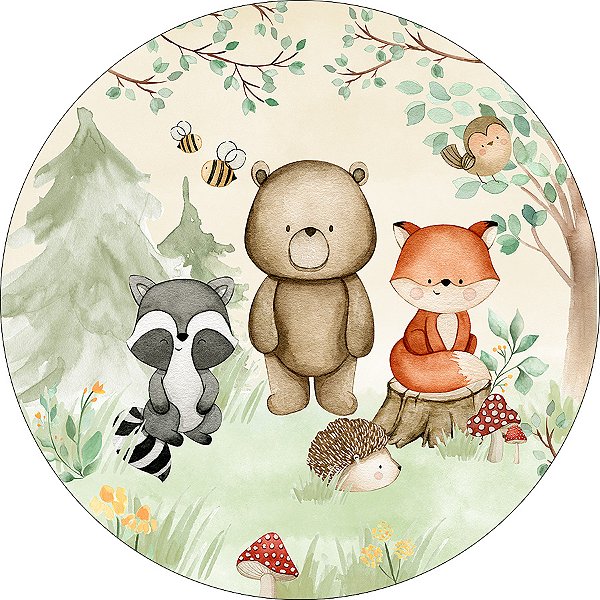 Painel De Festa Redondo 1,50x1,50 - Bosque Aquarela Bege e Verde Animais 028