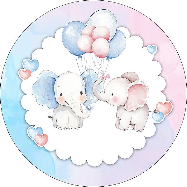 Painel De Festa Redondo 1,50x1,50 - Elefantinhos com Balões Azul e Rosa 079