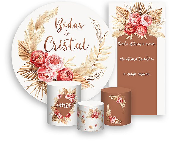 Painel De Festa + Trio De Capas Cilindro + Faixa Veste Fácil - Floral Boho Mocha Bodas de Cristal 019