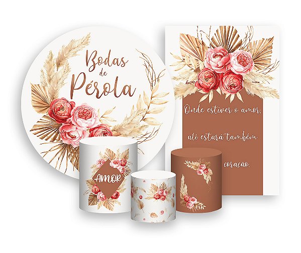 Kit 2 Painéis De Festa + Trio De Capas Cilindro - Floral Boho Mocha Bodas de Pérola 023