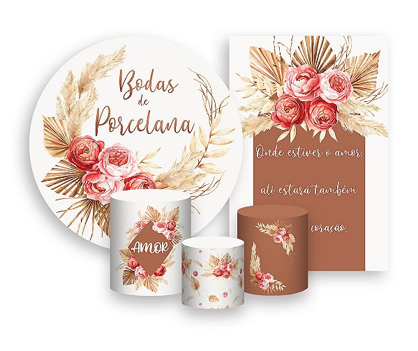 Kit 2 Painéis De Festa + Trio De Capas Cilindro - Floral Boho Mocha Bodas de Porcelana 024