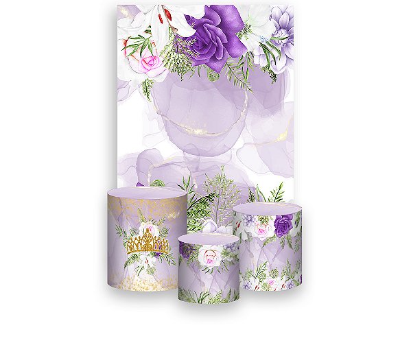 Painel De Festa Vertical 1,50 x 2,20 + Trio De Capas Cilindro - Floral Princesa Lilás 137