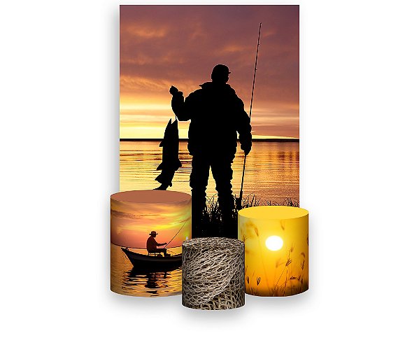 Painel De Festa Vertical 1,50 x 2,20 + Trio De Capas Cilindro - Pescador Silhuetas no Por do Sol 017